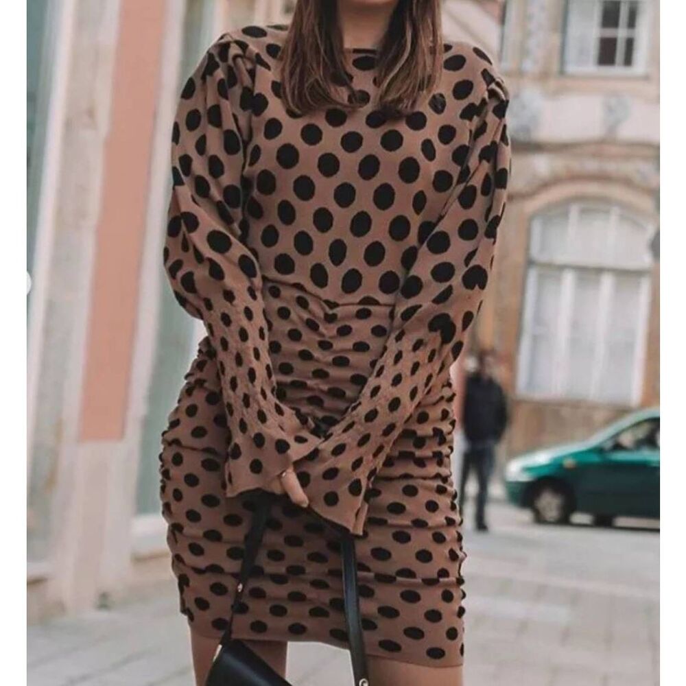 ZARA Tan Jersey Knit Fitted Dress Black Accent Flare Sleeves NWOT Size Large - Picture 3 of 9